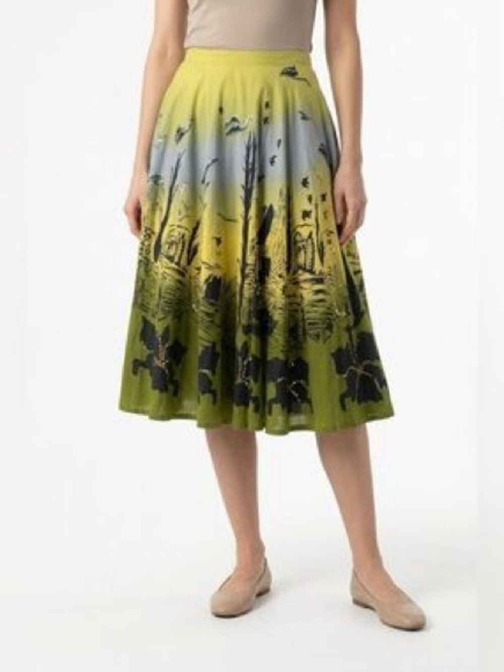 Lapis Yellow-to-Green Ombre Pleated Midi Skirt with Black Floral Print
